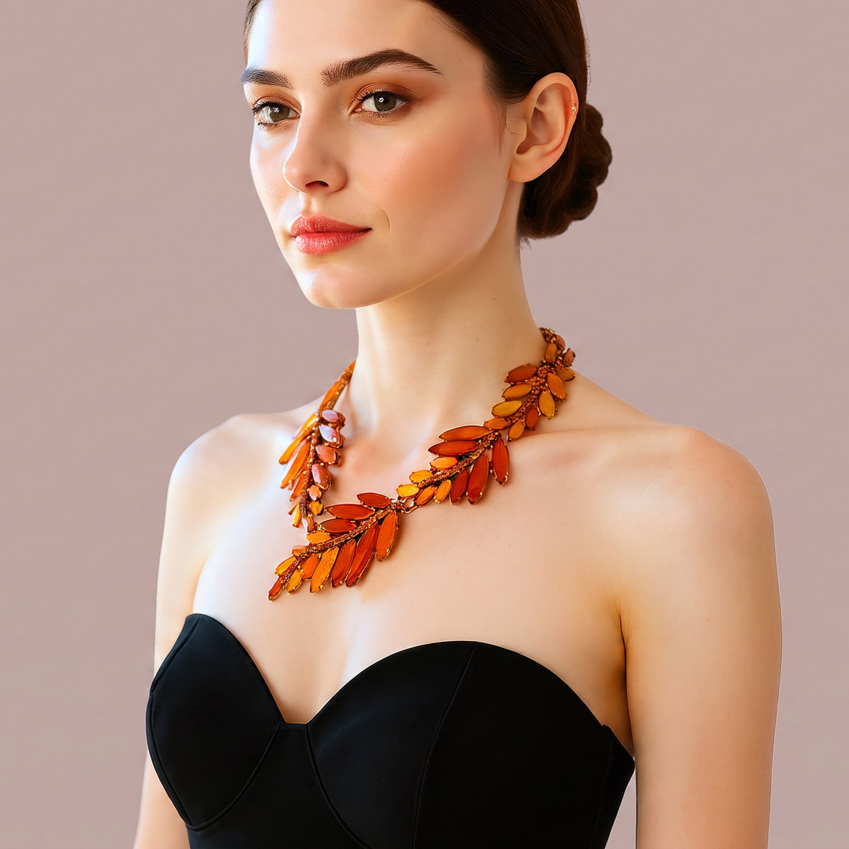 Oscar de la Renta 22K Gold Plated Orange Amber Resin Leaf Statement Necklace