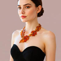 Oscar de la Renta 22K Gold Plated Orange Amber Resin Leaf Statement Necklace