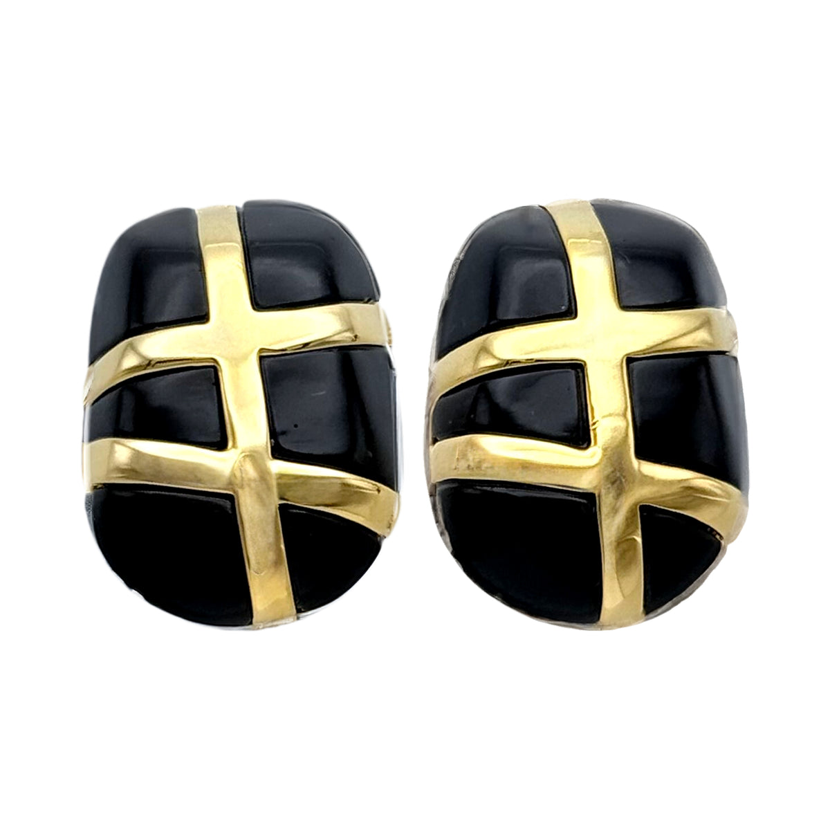 Kenneth Jay Lane 22k Gold Plated Black Resin Clip Earrings with Cross Band Motif