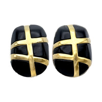 Kenneth Jay Lane 22k Gold Plated Black Resin Clip Earrings with Cross Band Motif