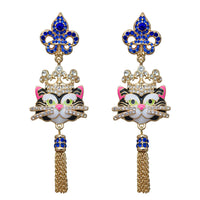 Ritzy Couture Princess Kitty Royal Crown Black Tuxedo Cat Enamel Earrings-Goldtone