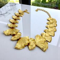 Oscar de la Renta 22K Gold Plated Pewter Brass Ginkgo Leaf Statement Necklace