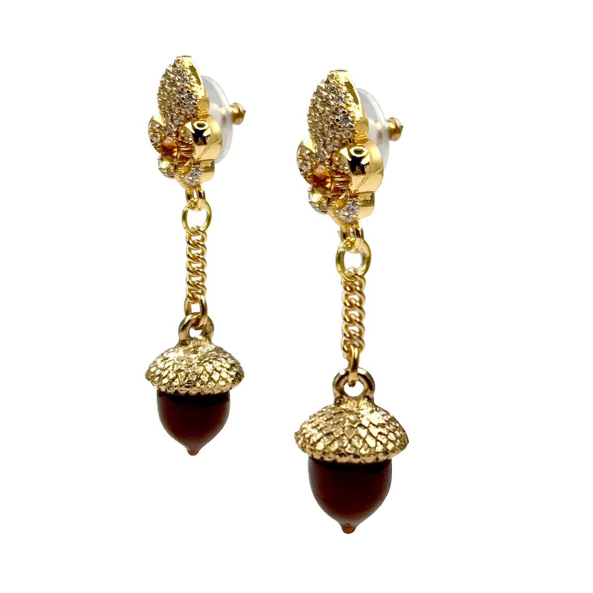 Ritzy Couture DeLuxe Autumn Acorn Brown Dangle Earrings - 22K Gold Plated Brass