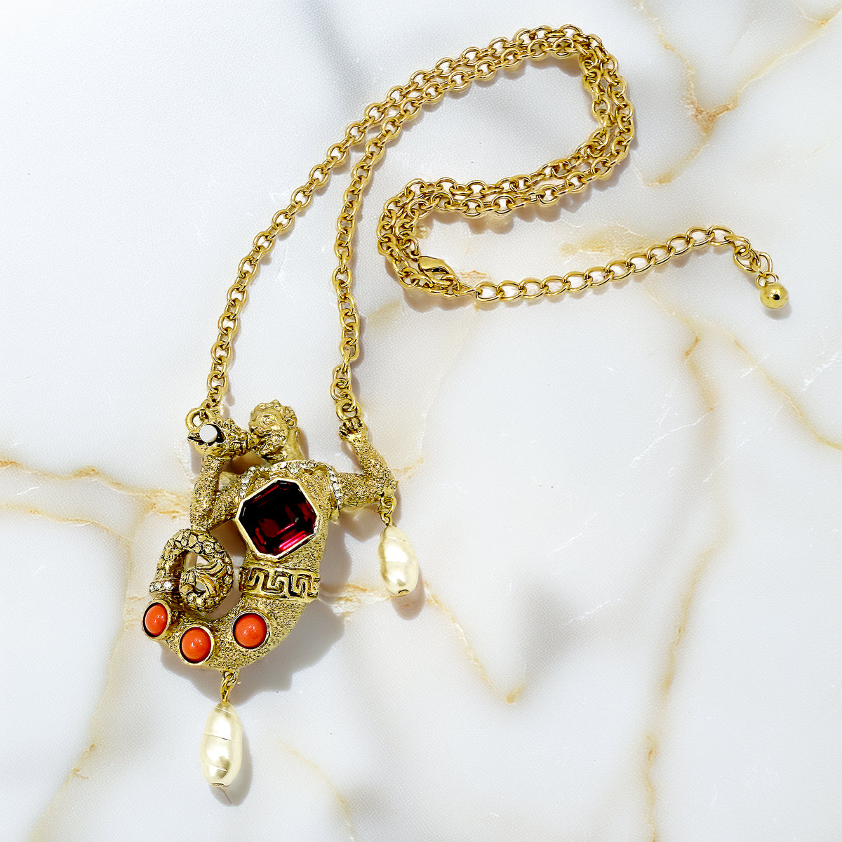 Kenneth Jay Lane Antique Gold Plate Swarovski Crystal Merman Mythology Necklace