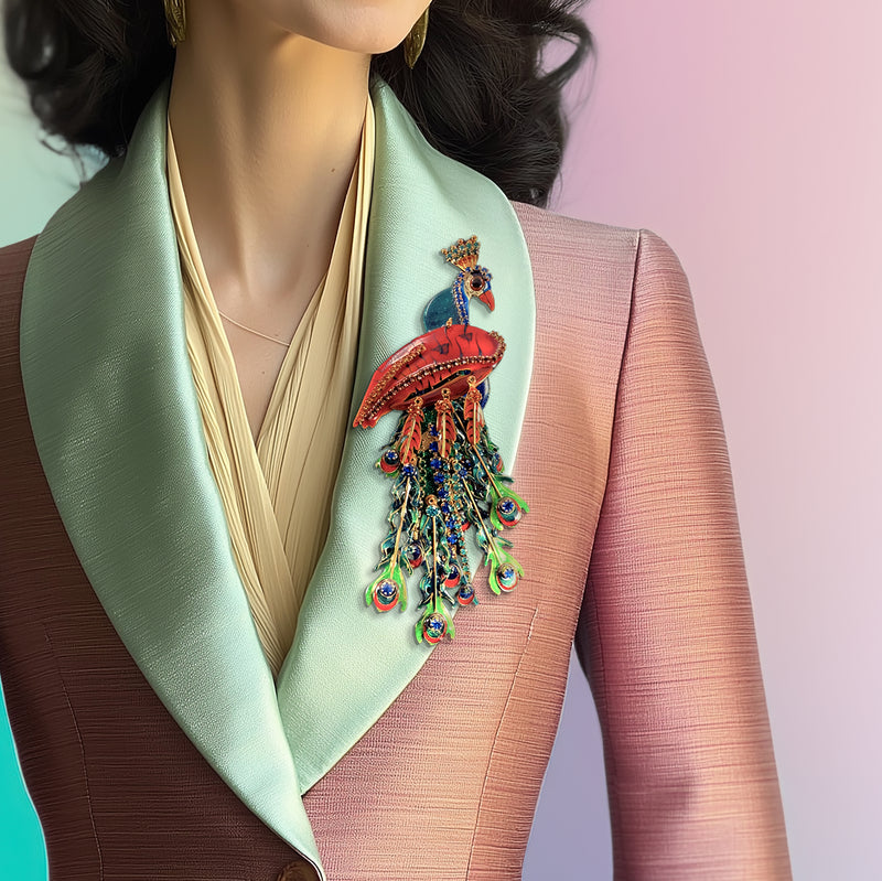 Lunch at The Ritz, Rare Handcrafted Peacock Pin Brooch Pendant with Crystals