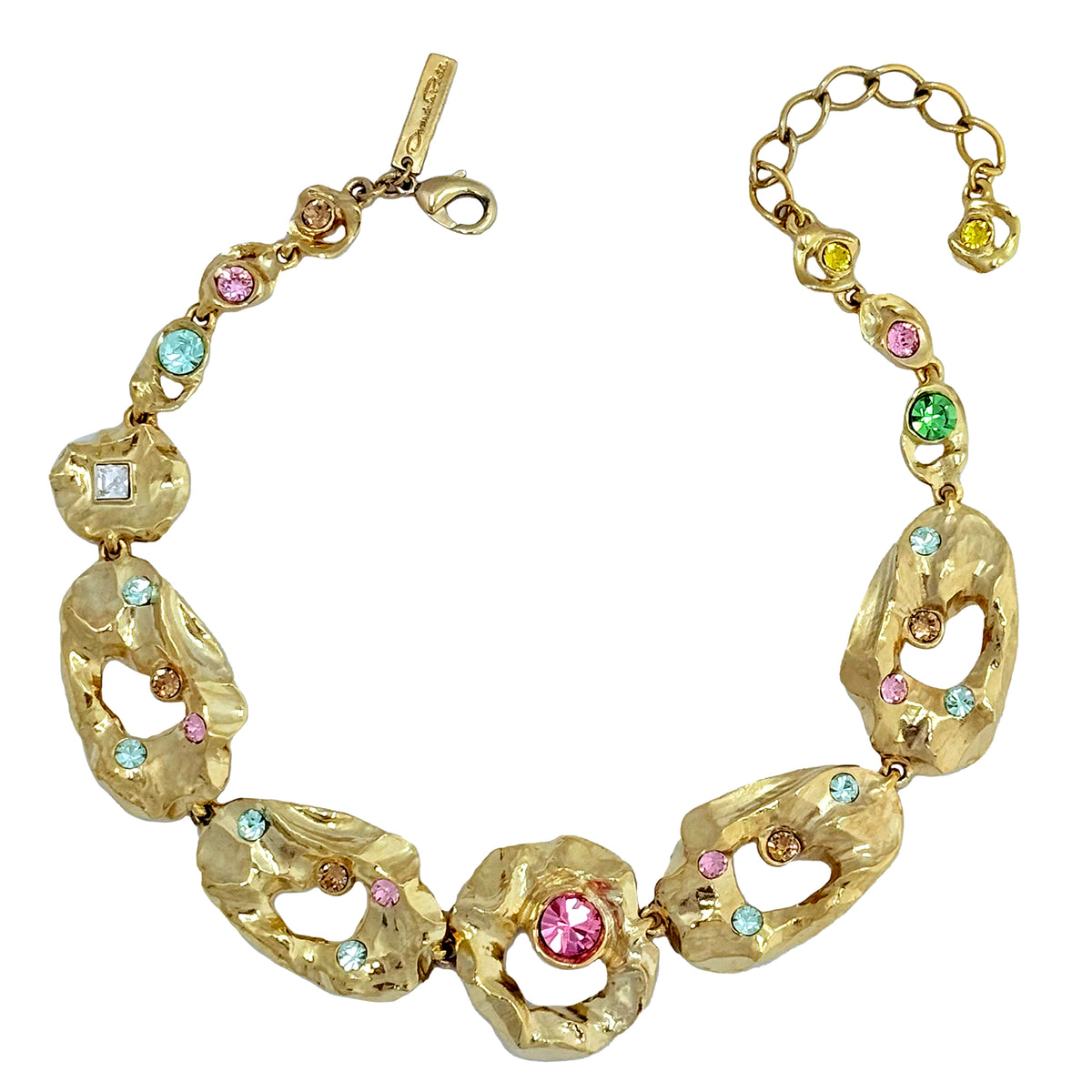 Oscar de la Renta Textured Metal and Crystal Hammered Collar Necklace 16" Long