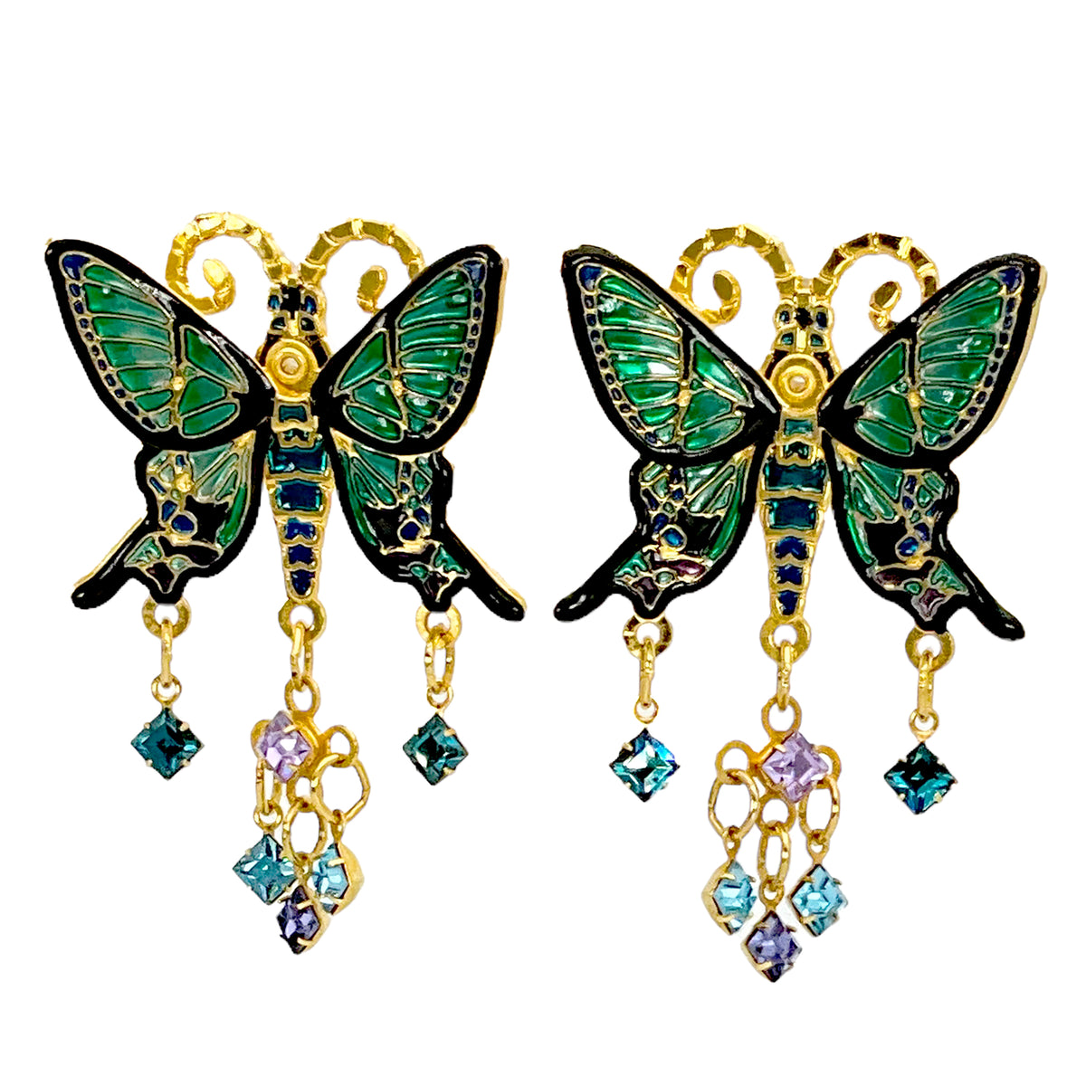 Lunch at The Ritz: Emerald Monarch Butterfly Post Earrings - 22k Gold Plated