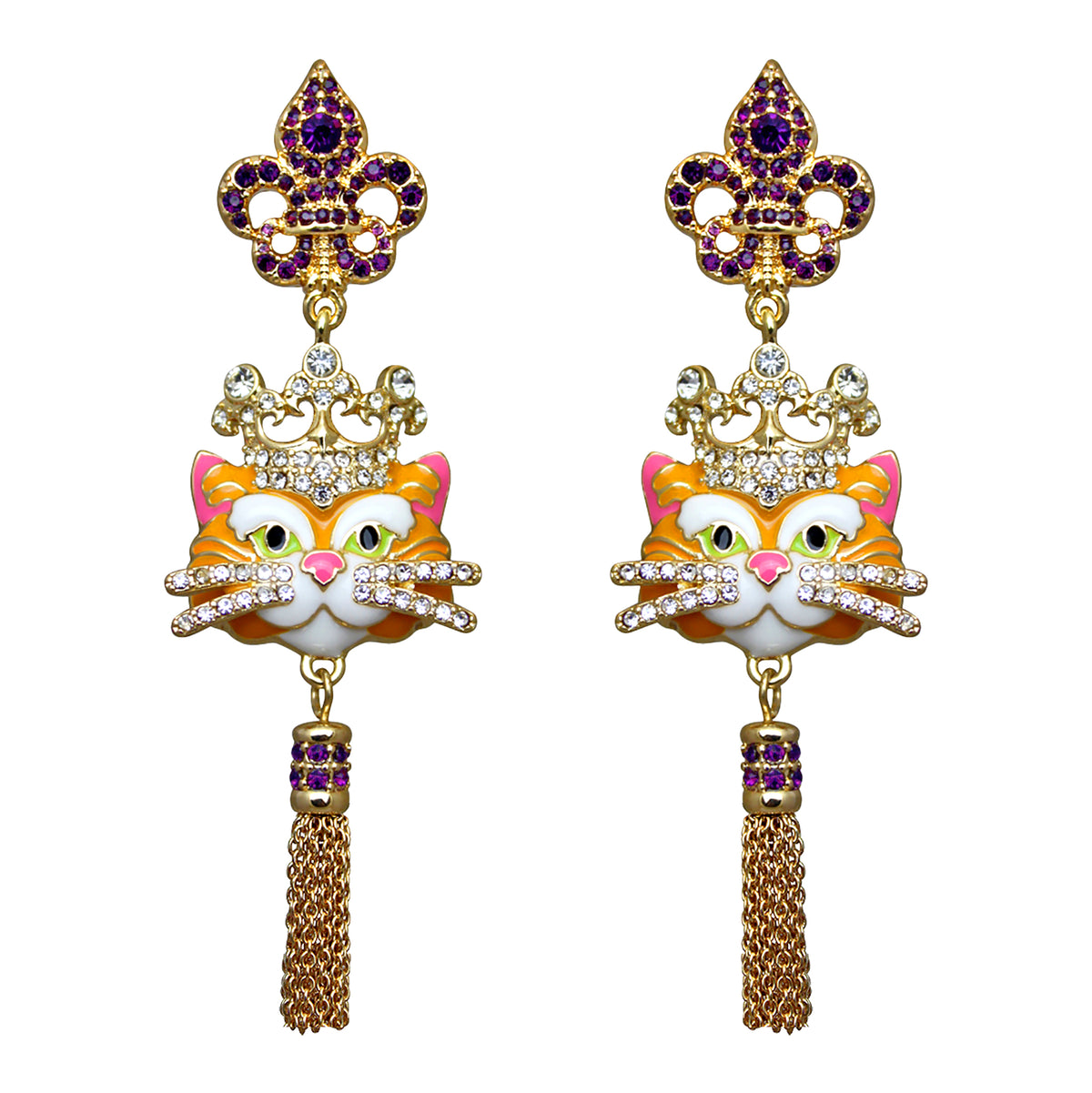 Ritzy Couture Princess Kitty Royal Crown Tabby Cat Enamel Tassel Earrings-Goldtone