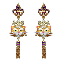 Ritzy Couture Princess Kitty Royal Crown Tabby Cat Enamel Tassel Earrings-Goldtone