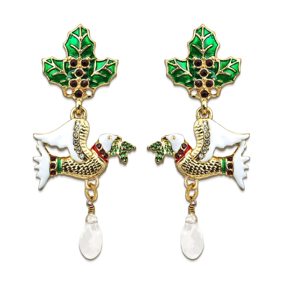 Two Turtle Doves Merry Christmas Drop Dangle Earrings by Ritzy Couture -Goldtone