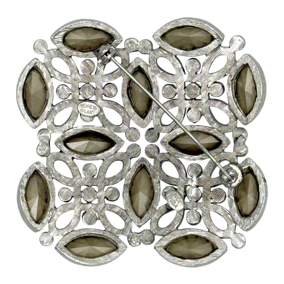 Kenneth Jay Lane Original Sample Filigree Brooch with Montana Blue Crystals in Silver Plating USA