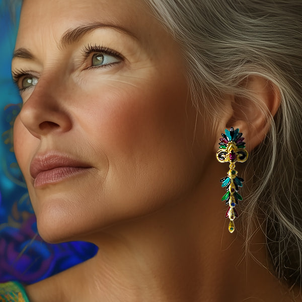 Lunch at The Ritz Art Nouveau Peacock Inspired Plume Post Earring 22k Gold Plate