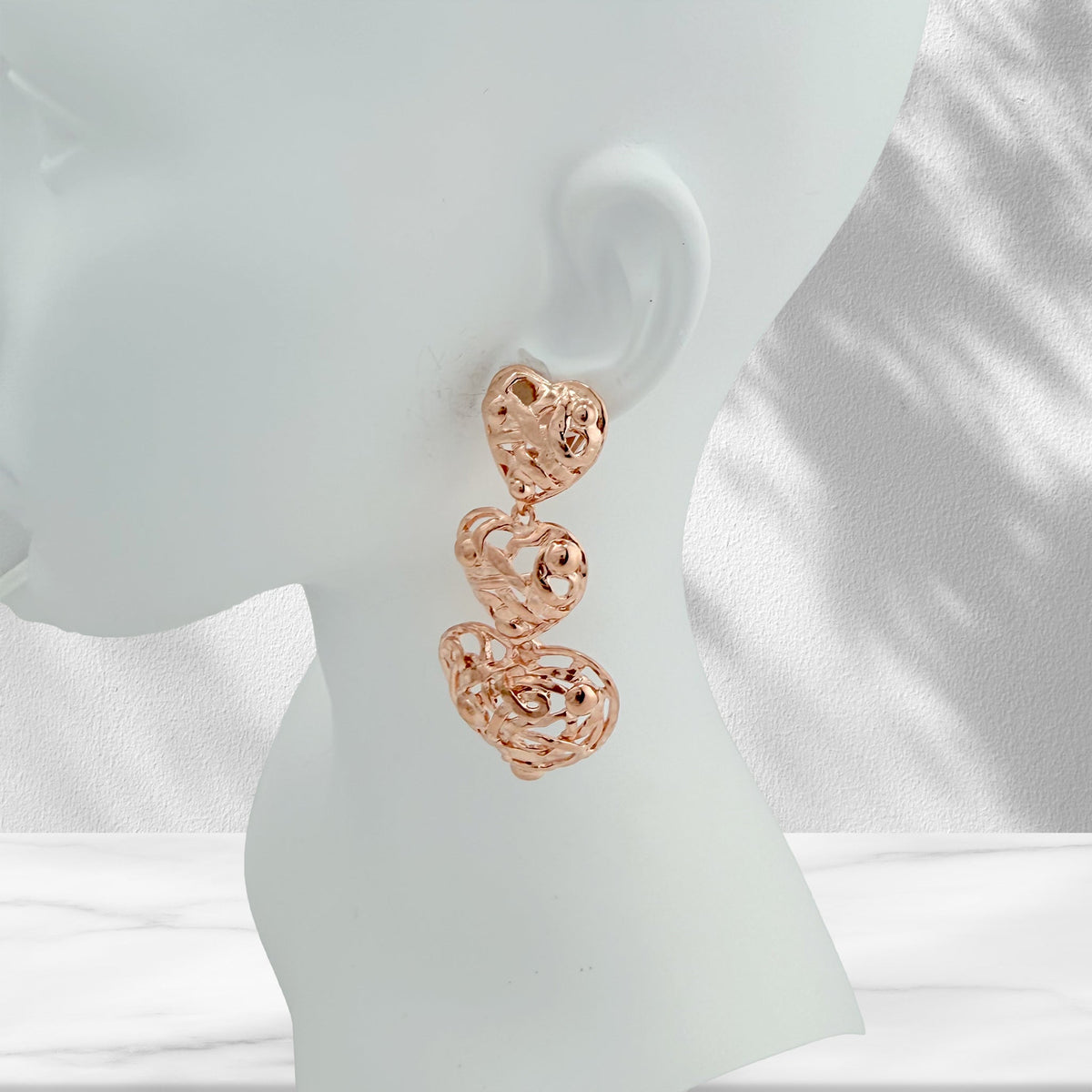 Oscar de la Renta Rose Gold Plated Filigree Triple Heart Statement Clip Earrings