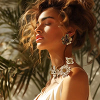 Carolina Herrera Gold Plate White Enamel Multi-Flower Black Crystal Bib Necklace