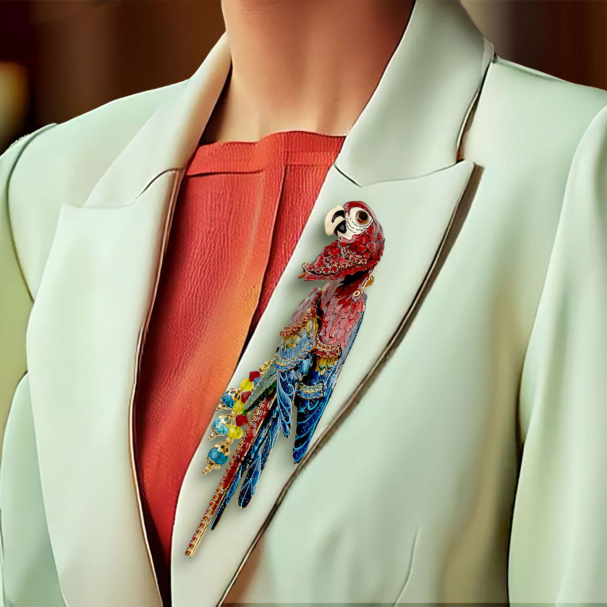 Vintage Lunch at The Ritz Macaw Parrot Brooch Moveable Enamel Statement Pin