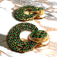 Oscar De La Renta Emerald Green Gold Swarovski Crystals Doorknocker Clip Hoops
