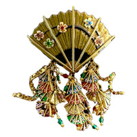 Lunch at The Ritz Asian Fan Brooch with Dangling Multi-Color Fans Gold Plating