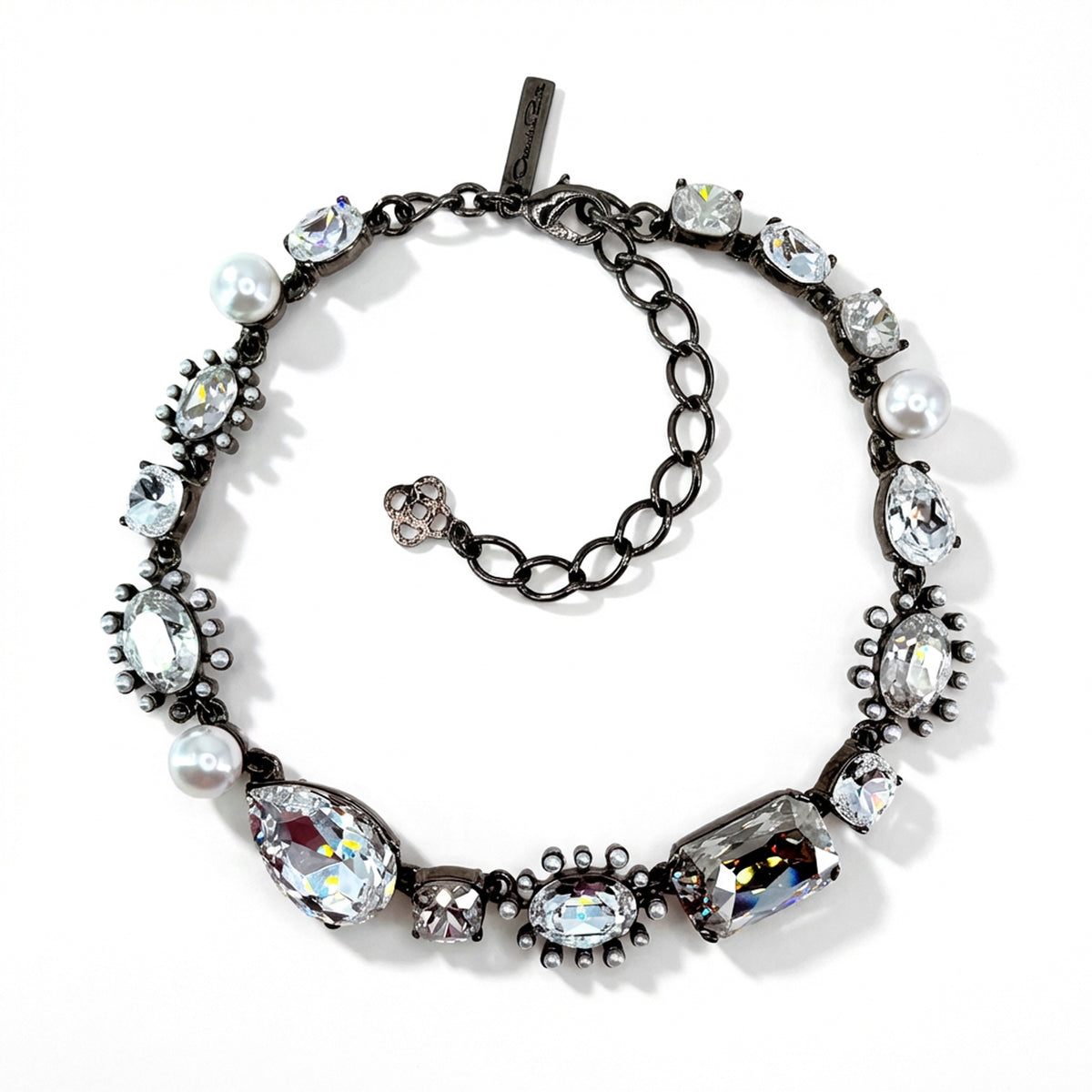 Oscar de la Renta Hematite Plated Crystal Pearl Multi-Stone Statement Necklace