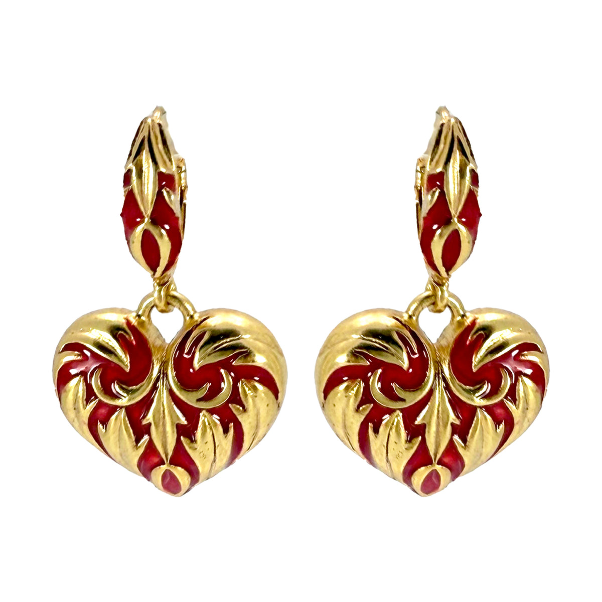 Oscar de la Renta Red Heart Romantic Enamel and Gold Plated Leverback Earrings