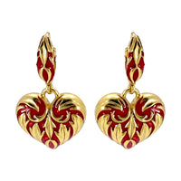 Oscar de la Renta Red Heart Romantic Enamel and Gold Plated Leverback Earrings