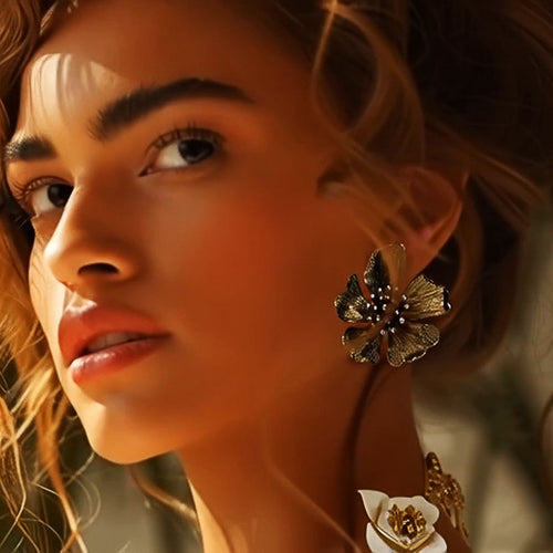 Oscar De La Renta Antique Gold Wild Rose Pearl Swarovski Crystal Clip Earrings