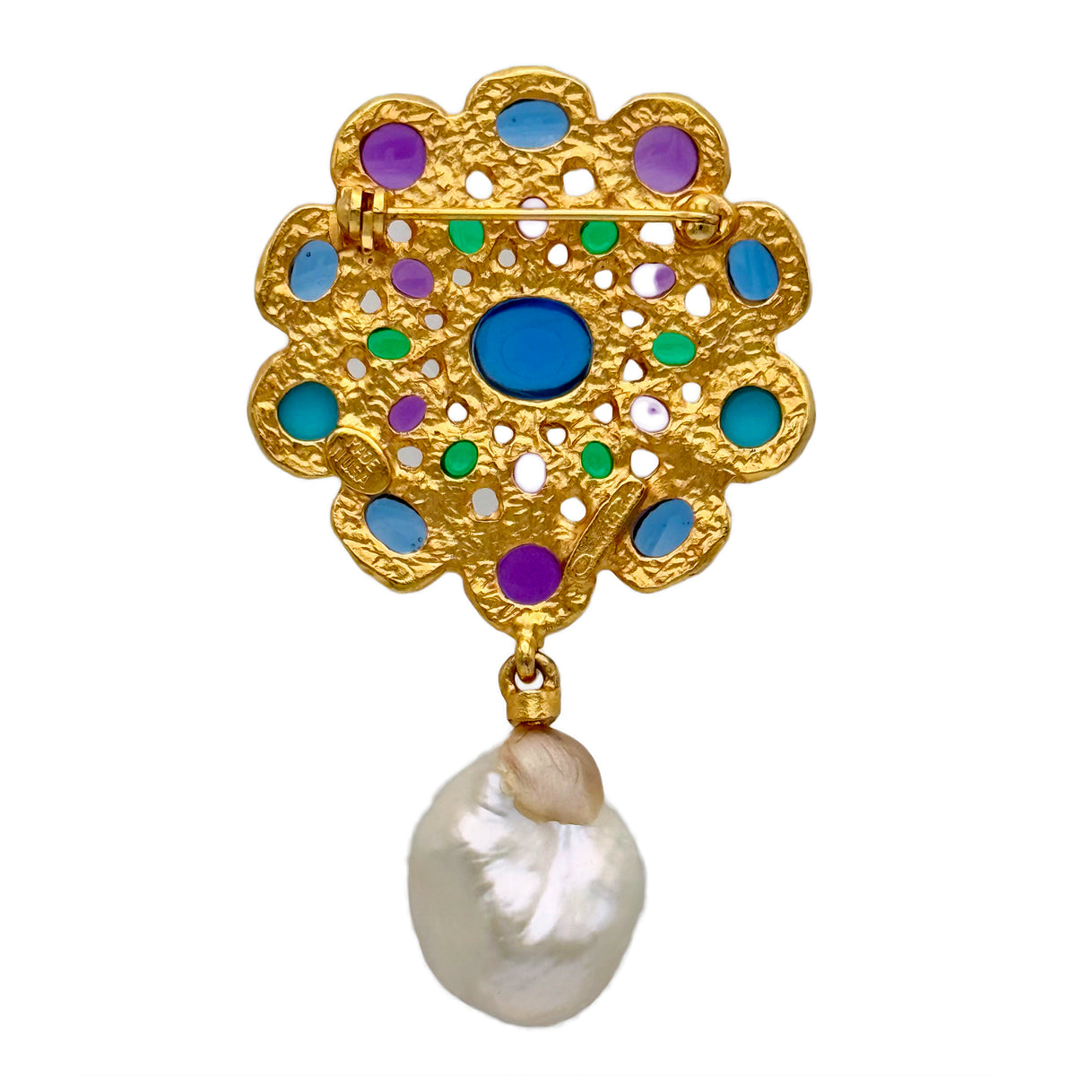 Oscar de la Renta Mandala Cabochon Brooch Gold-Plated Baroque Pearl Resin Glass