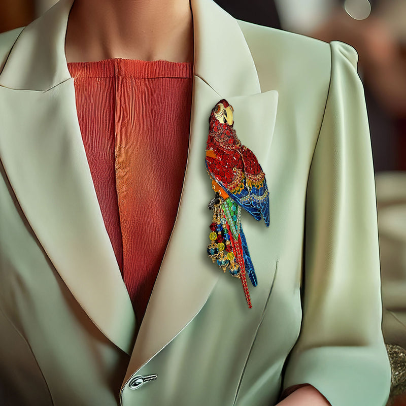 Vintage Lunch at The Ritz Macaw Parrot Brooch Moveable Enamel Statement Pin