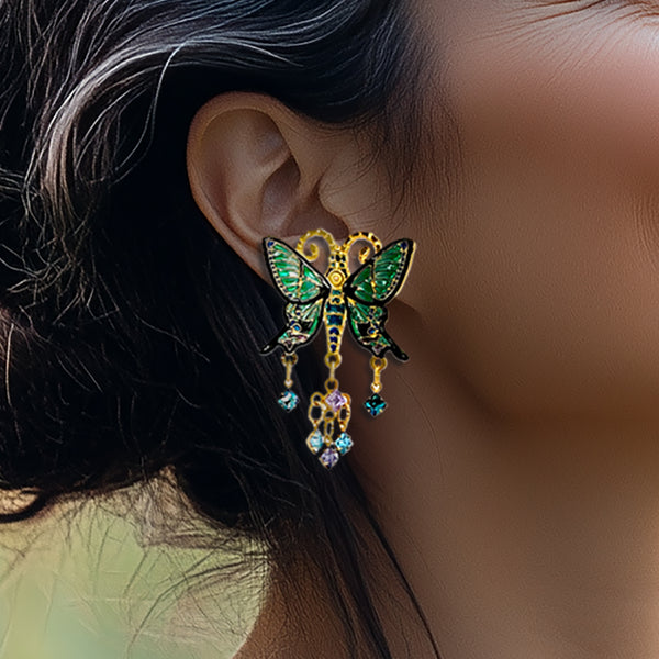 Lunch at The Ritz: Emerald Monarch Butterfly Post Earrings - 22k Gold Plated