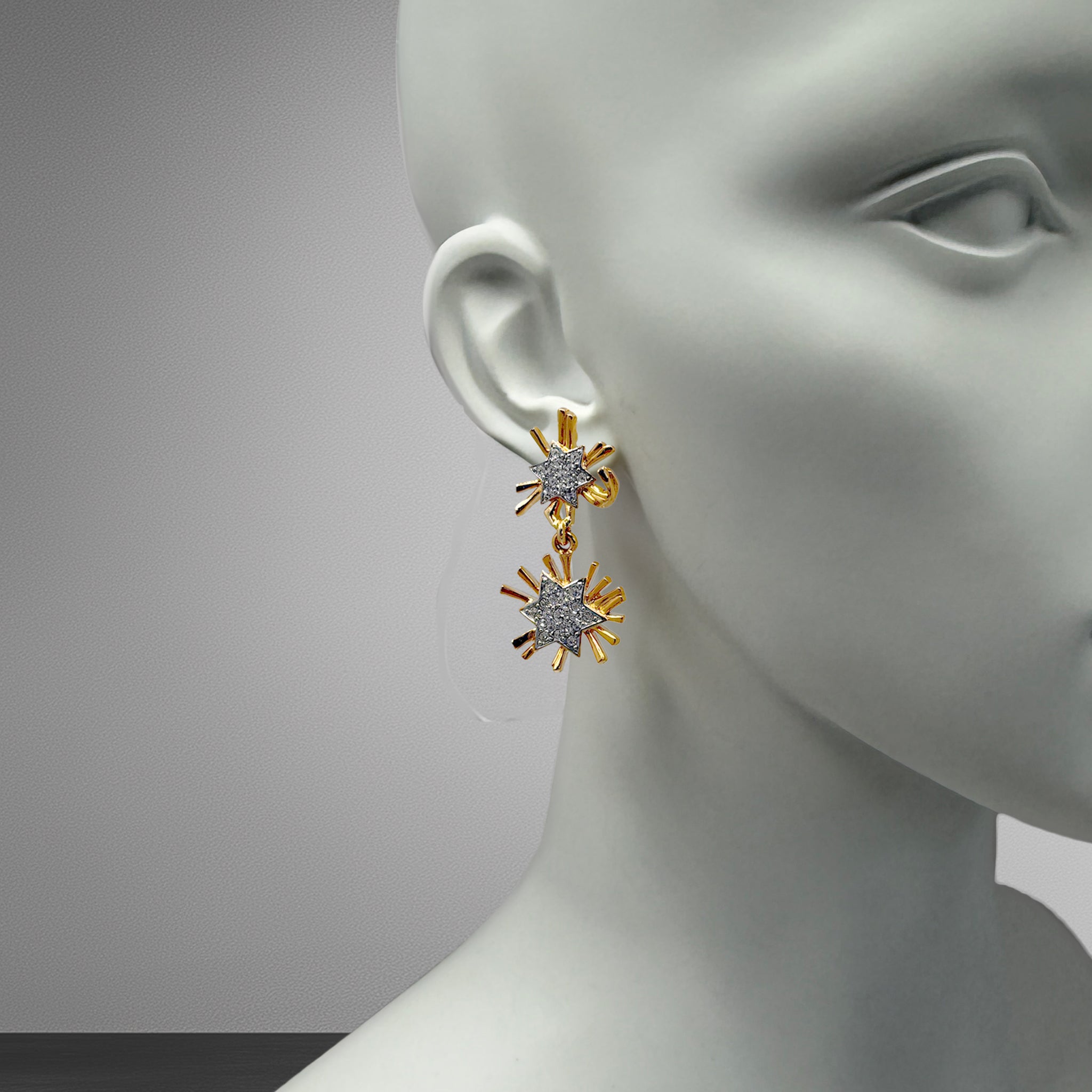 Kenneth Jay Lane 22k Gold and Silver Crystal Pave Starburst Dangle