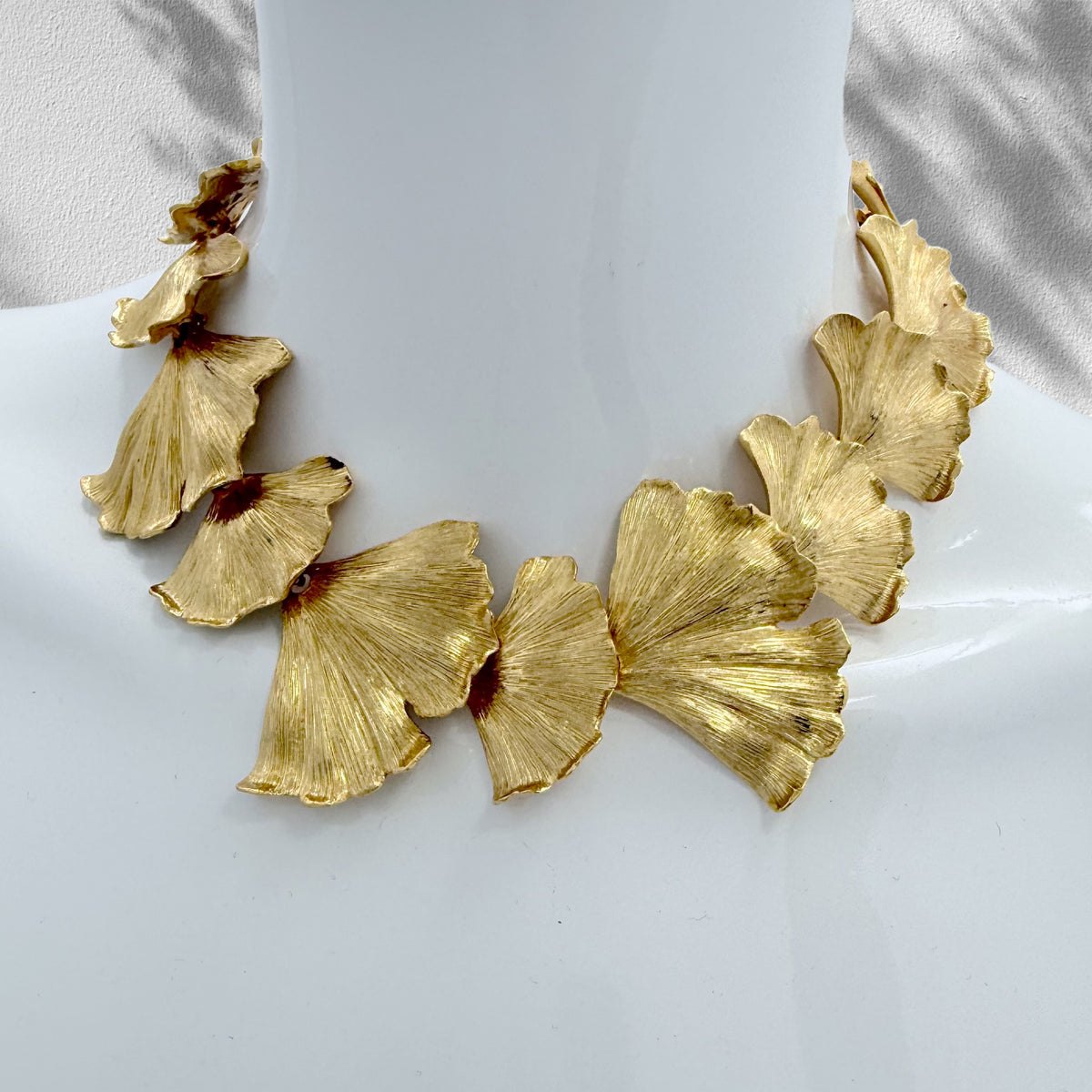 Oscar de la Renta 22K Gold Plated Pewter Brass Ginkgo Leaf Statement Necklace