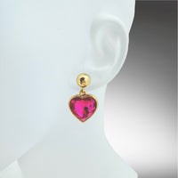 Oscar de la Renta Fuchsia Heart Austrian Crystal 22K Goldtone Post Earrings, 1.75"