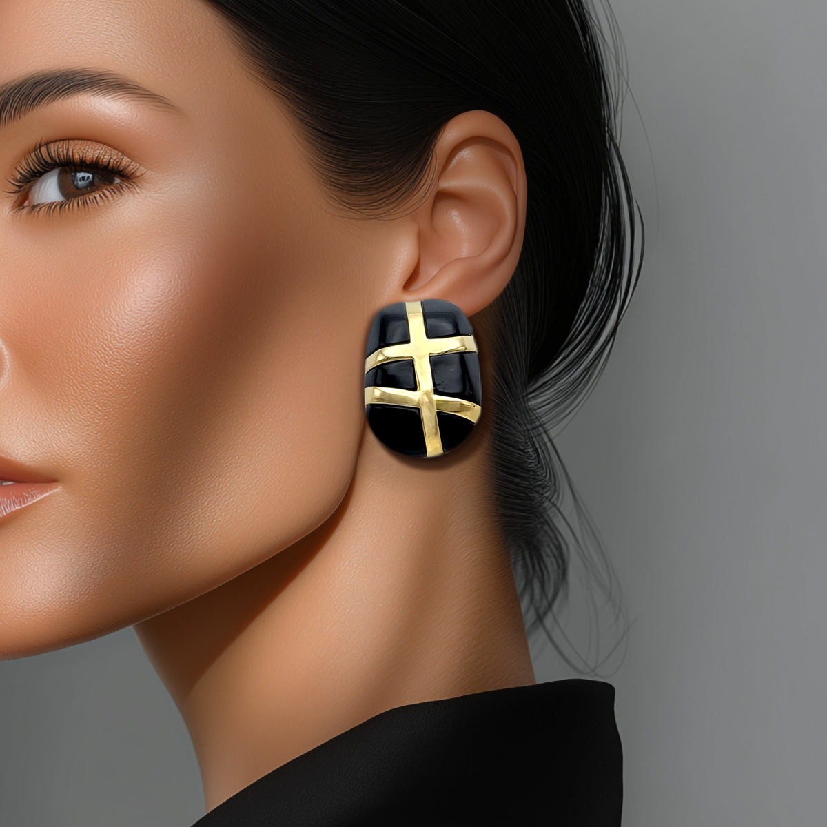 Kenneth Jay Lane 22k Gold Plated Black Resin Clip Earrings with Cross Band Motif