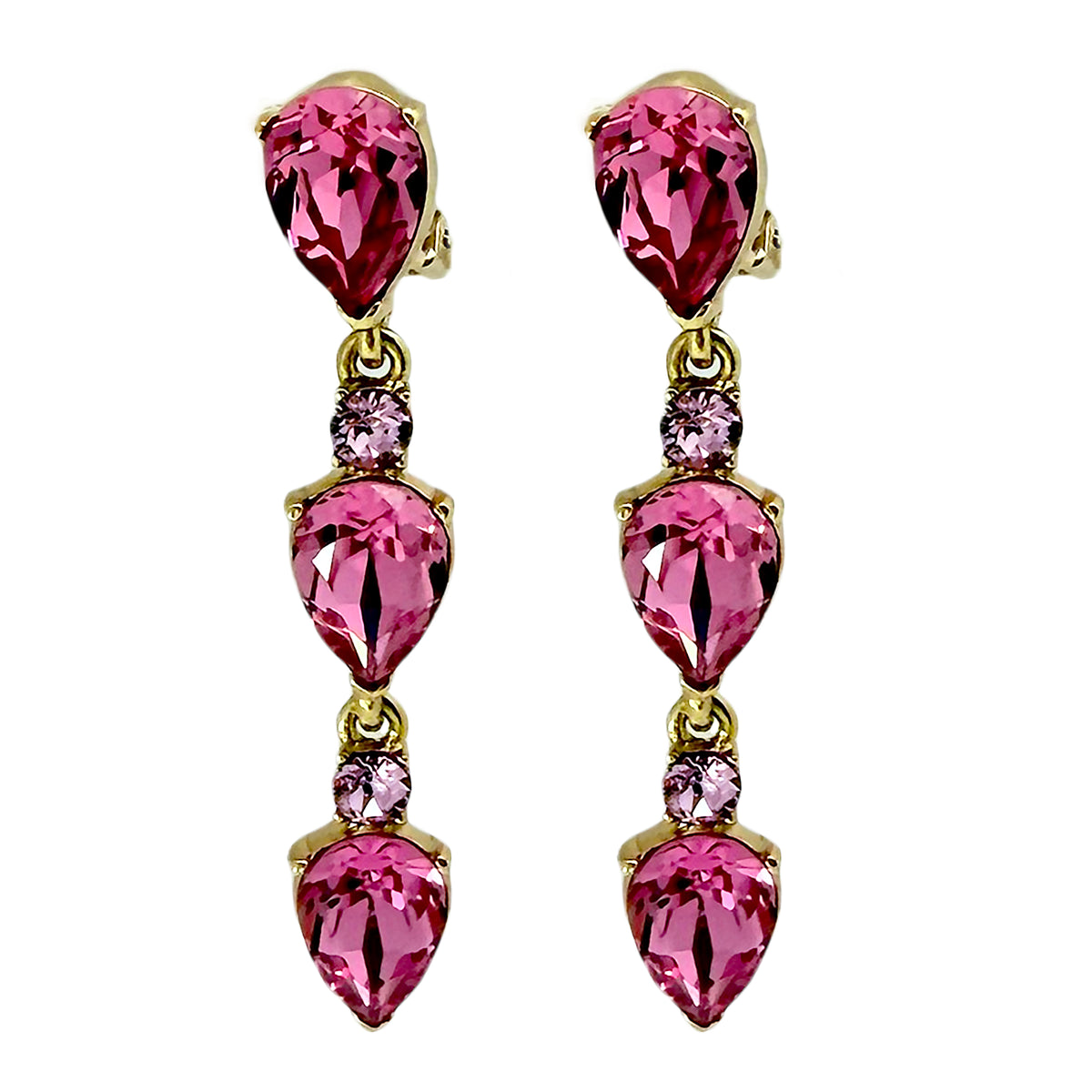 Oscar de la Renta Rose Pink Swarovski Crystal Drop Clip Earrings – Gold Plated