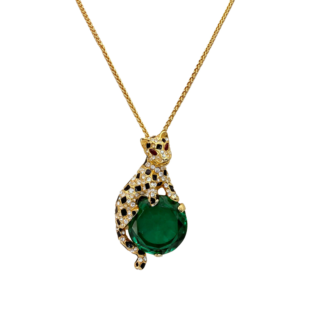 Kenneth Jay Lane Gold Swarovski Crystal Emerald Leopard Pendant Necklace