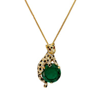 Kenneth Jay Lane Gold Swarovski Crystal Emerald Leopard Pendant Necklace