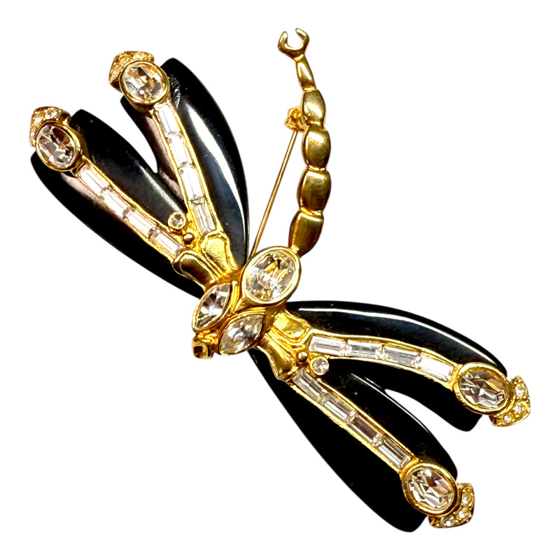 Kenneth Jay Lane Black Resin & Crystal Dragonfly Brooch, Gold Plating