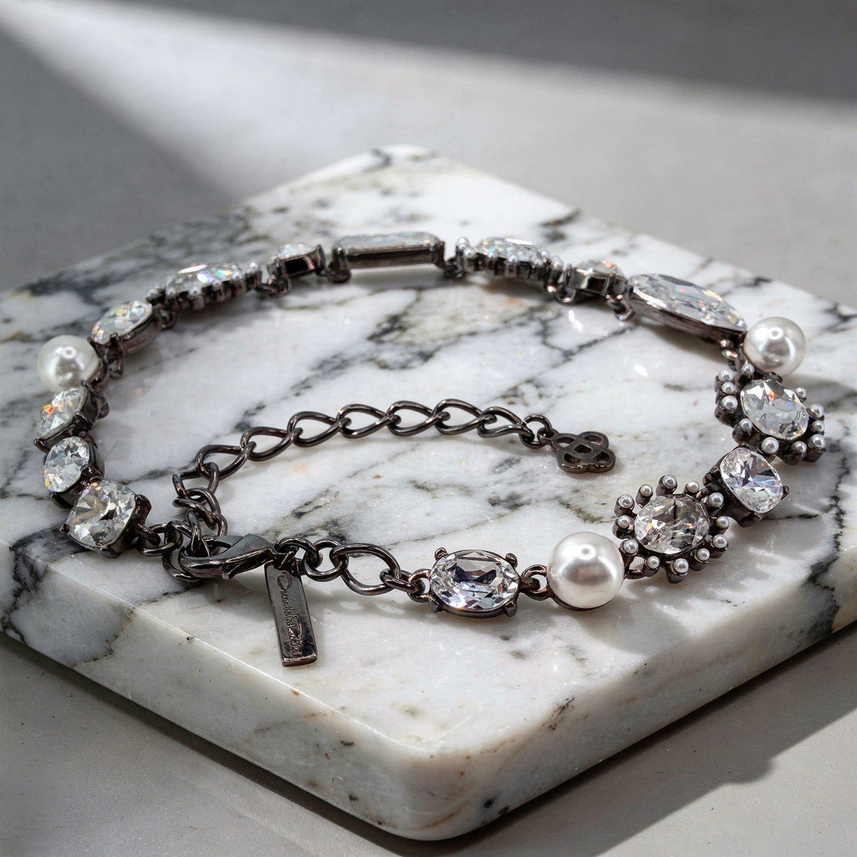 Oscar de la Renta Hematite Plated Crystal Pearl Multi-Stone Statement Necklace