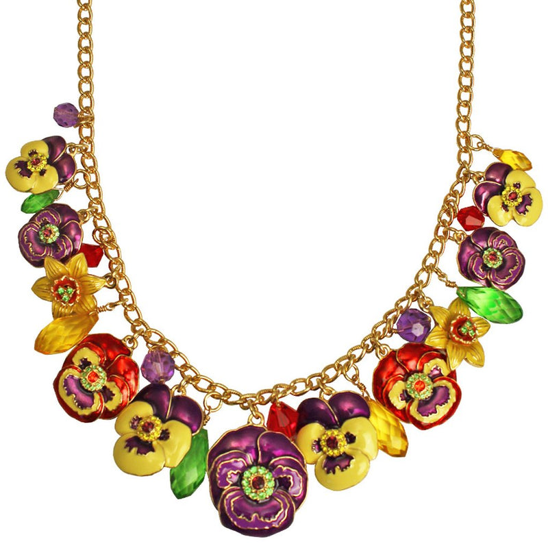 Ritzy Couture Pansy Flower Multi Color Charm Necklace (Goldtone) - Multicolor