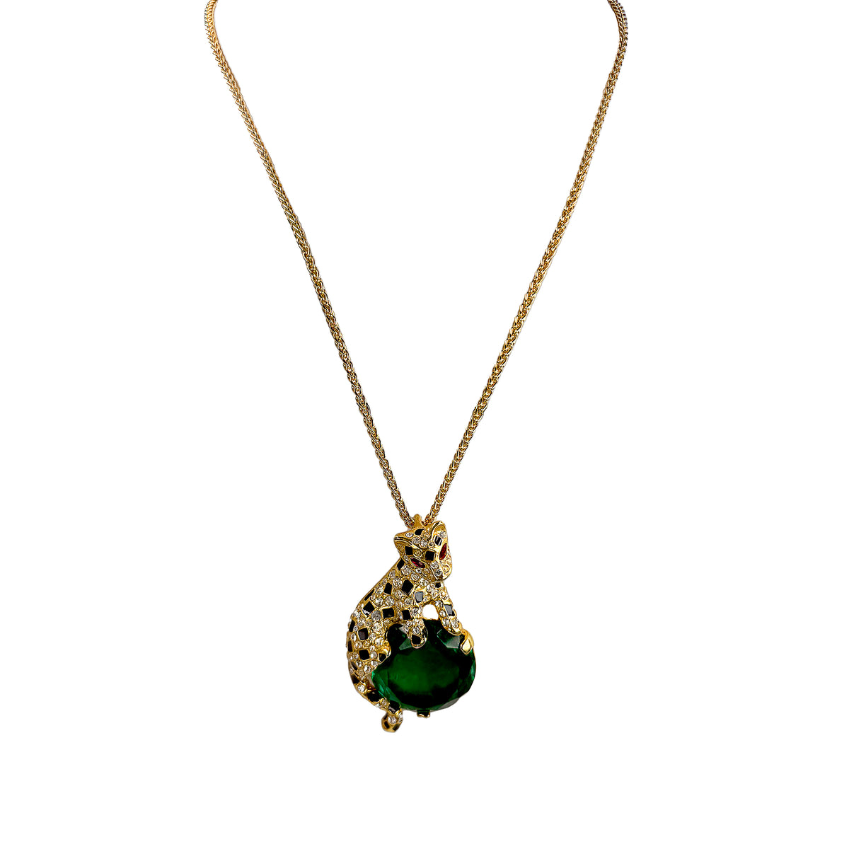 Kenneth Jay Lane Gold Swarovski Crystal Emerald Leopard Pendant Necklace