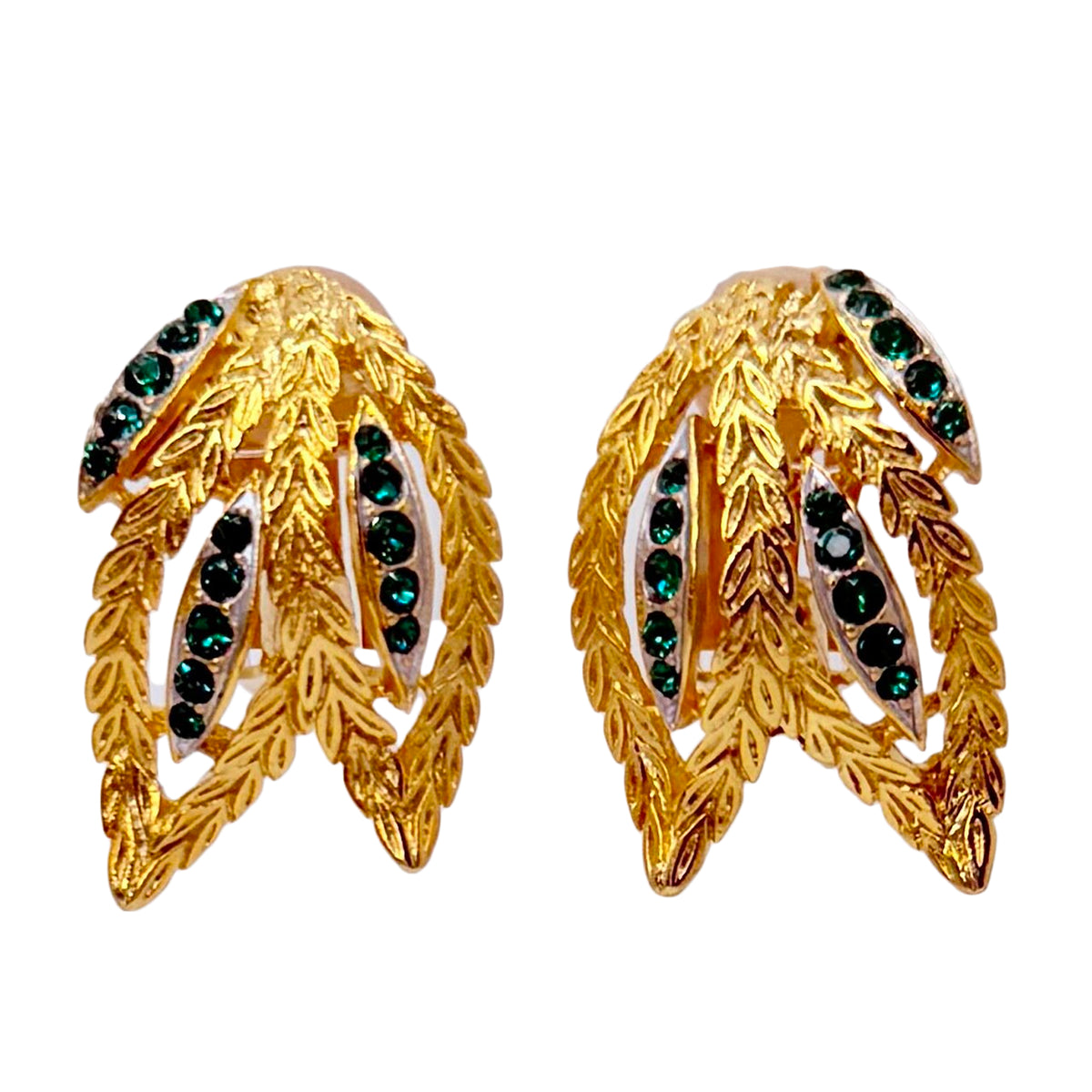 Kenneth Jay Lane Triple Leaf Emerald Crystal Clip-On Earrings 22K Gold-Plated