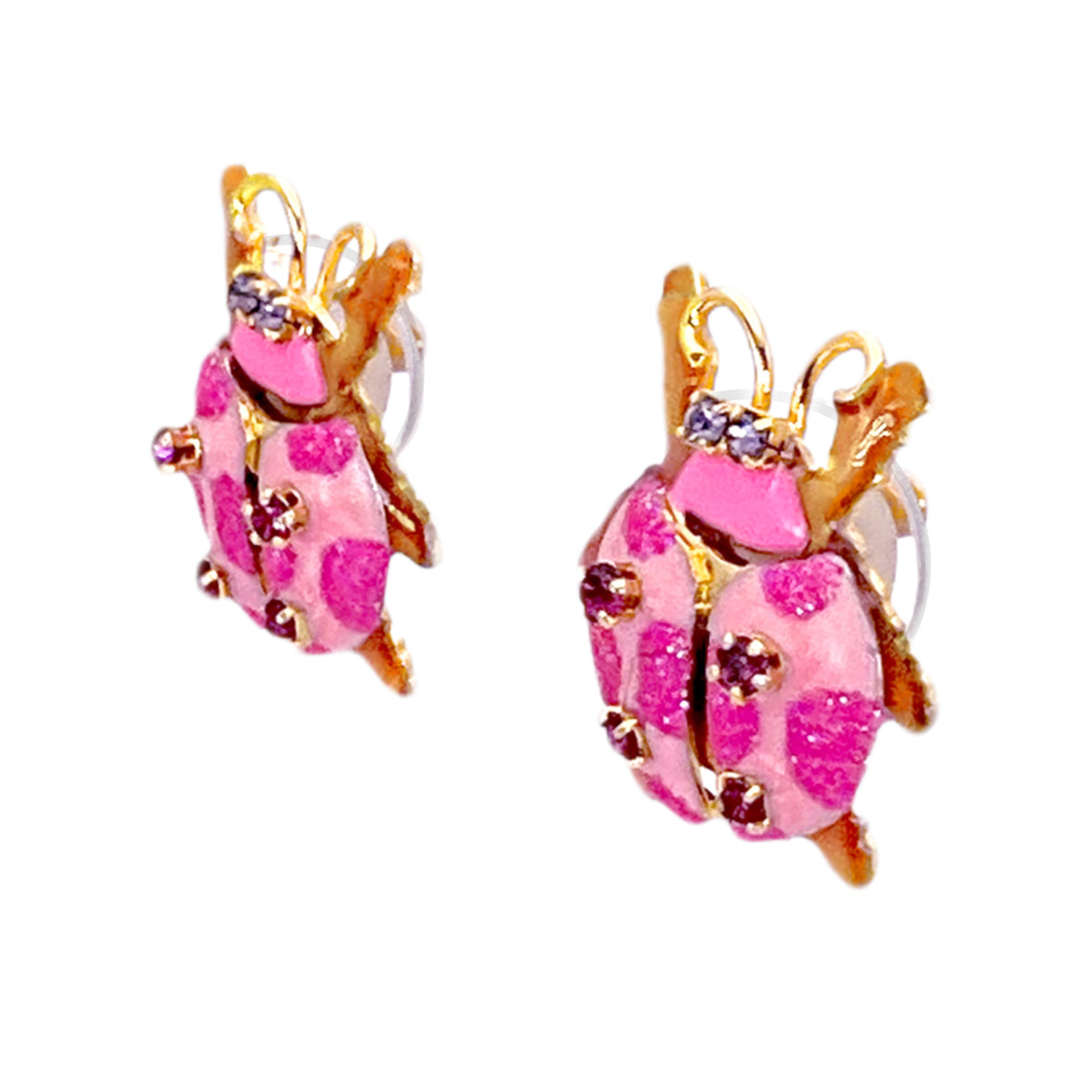 Lunch at The Ritz: Pink Ladybug Crystal Stud Earrings - 22k Gold Plated Vintage