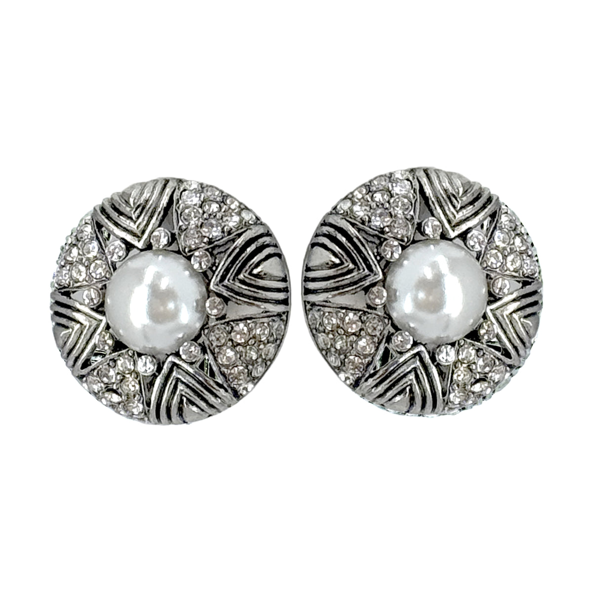 Kenneth Jay Lane Silvertone Art Deco Crystal Pavé Pearl Clip-On Button Earrings