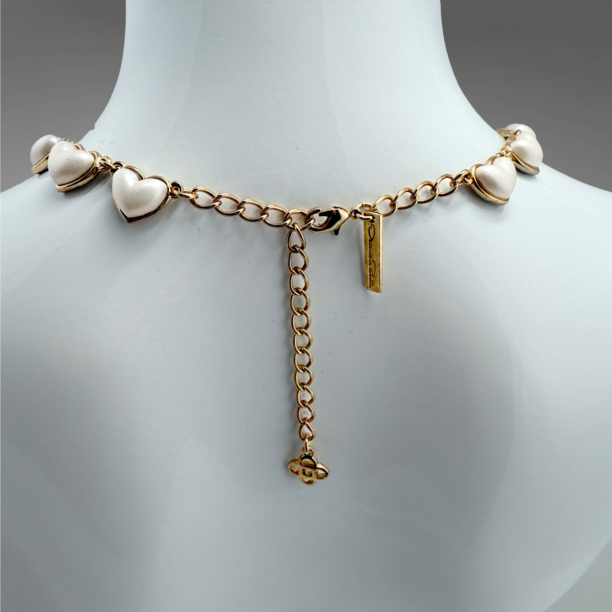 Oscar de la Renta Faux Pearl Romantic Heart Choker Necklace in 22k Antique Gold