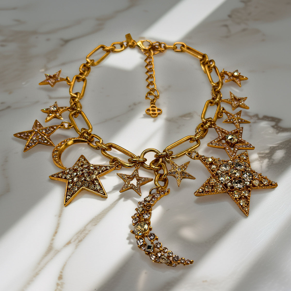 Oscar De La Renta Gold Crystal Star And Moon Celestial Charm Statement Necklace