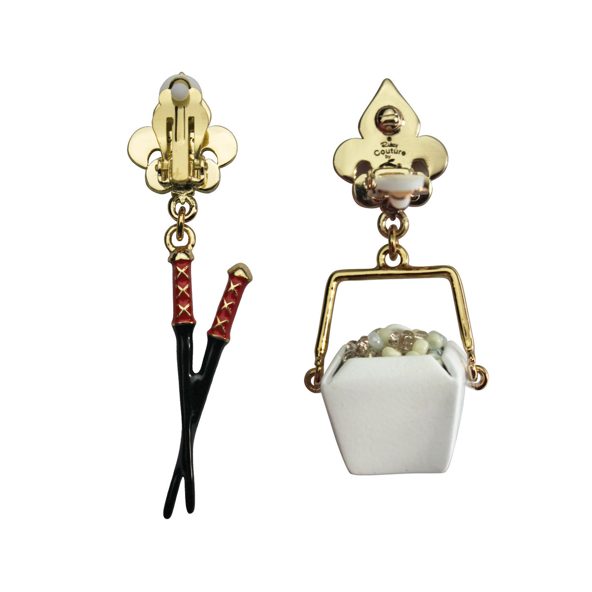 Ritzy Couture Chinese Take Out Container & Chopsticks Dangle Earrings Goldtone