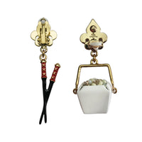 Ritzy Couture Chinese Take Out Container & Chopsticks Dangle Earrings Goldtone