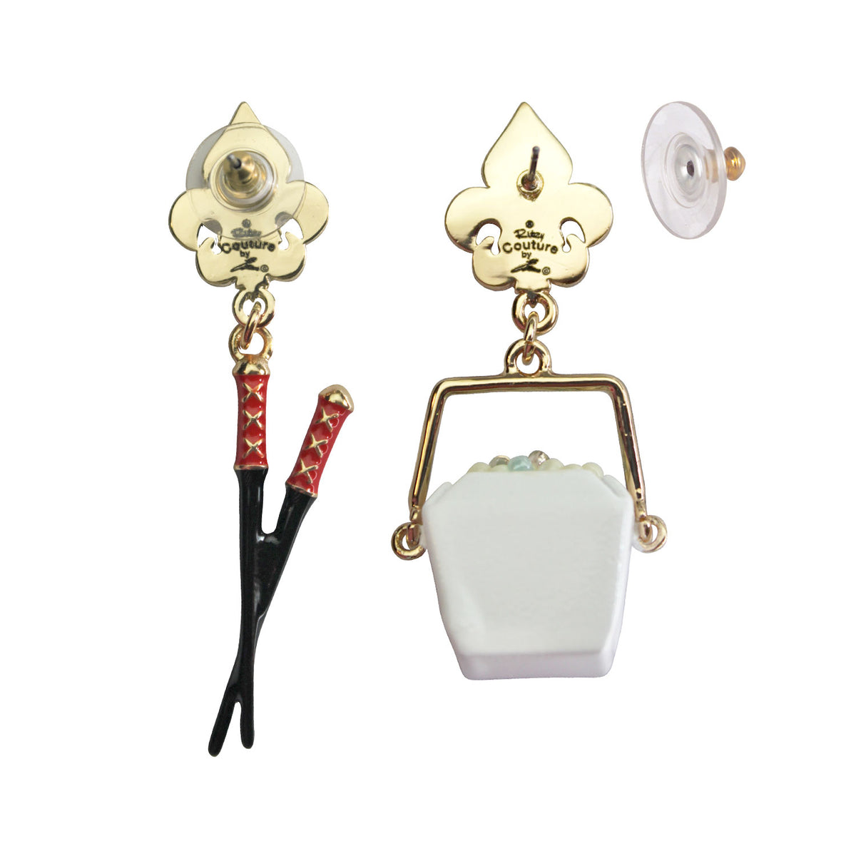 Ritzy Couture Chinese Take Out Container & Chopsticks Dangle Earrings Goldtone