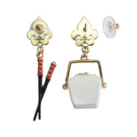 Ritzy Couture Chinese Take Out Container & Chopsticks Dangle Earrings Goldtone