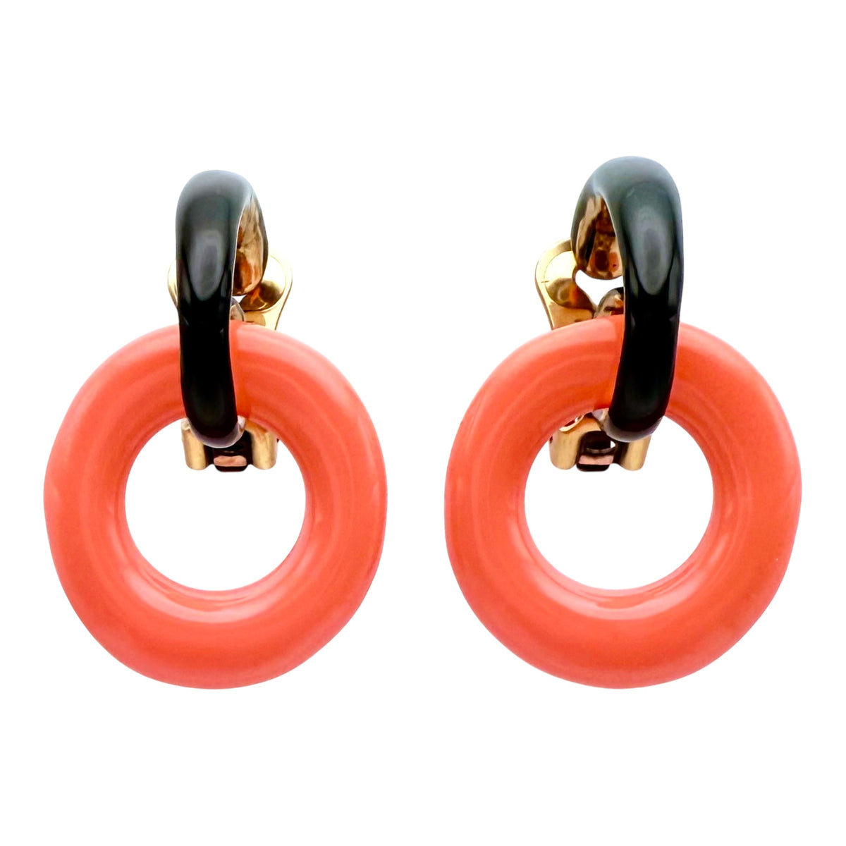 Oscar de la Renta Coral Resin Hoop Clip Earrings Black Enamel Gold-Plated Design