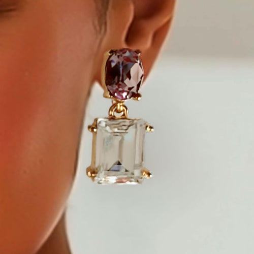 Oscar de la Renta Gold Plated Light Amethyst Crystal Rectangle Drop Post Earrings